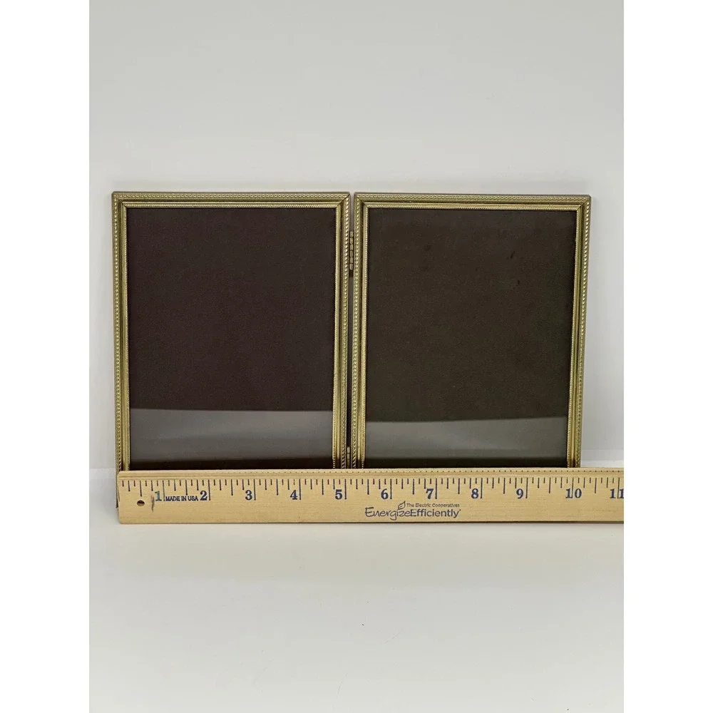 VTG Double Picture Frame Gold Metal‎ Hinged Folding Beaded Border Tabletop 5x7